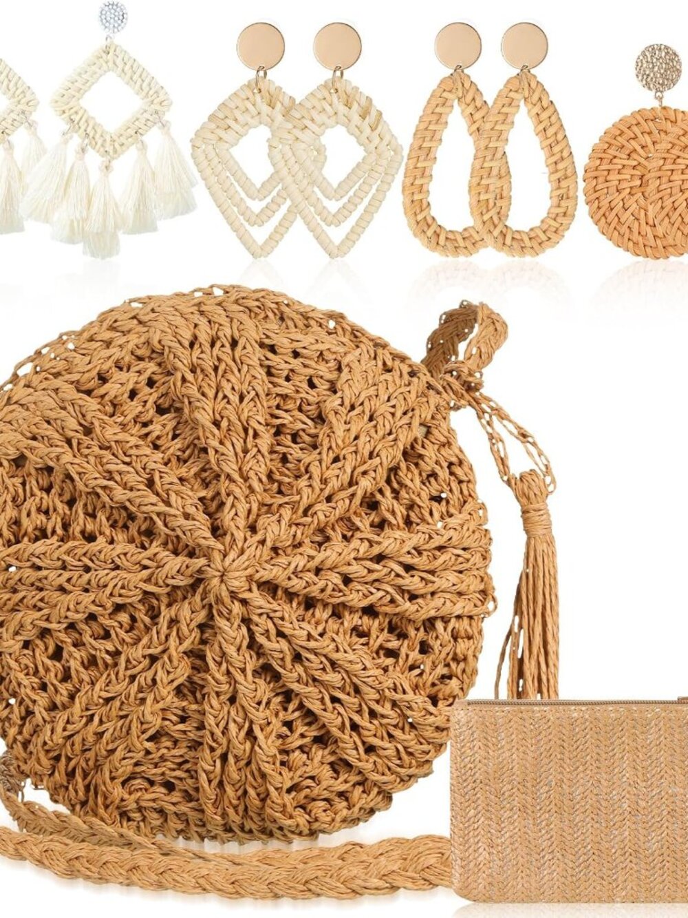 Straw Clutch Purse for Women Rattan Earrings Set Summer Beach Straw Bag Boho Han
